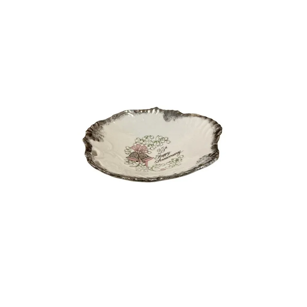 Vintage George Good Japan 25th Anniversary Porcelain Dish With Silver Trim & Flo